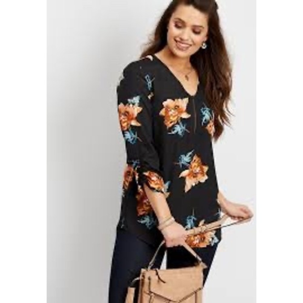 Maurices Womens Black Floral Half Zip 3/4 Ruched Sleeve Blouse Top‎ Orange Blue
